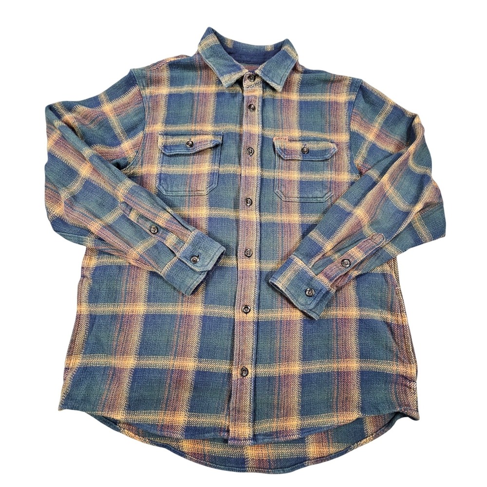 Orvis Mens Large Heavyweight Flannel Shirt Blue Gold Plaid Pocket Shacket Cotton